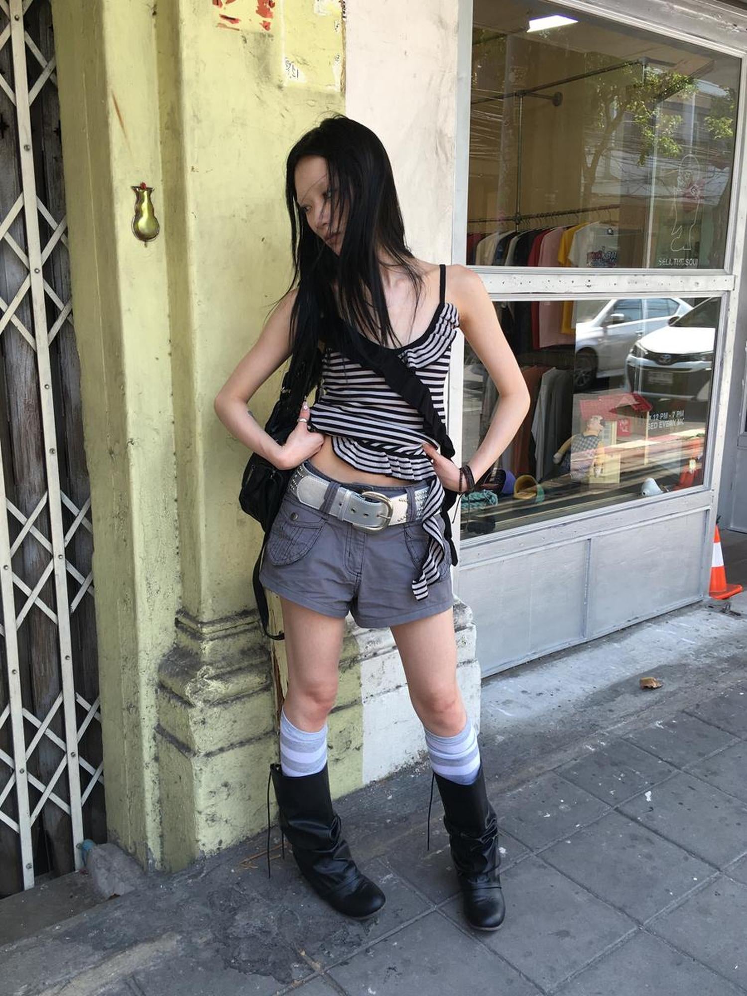 Updateang project Retro Ribbon Trimmed Black And Gray Striped Knit Camisole Top