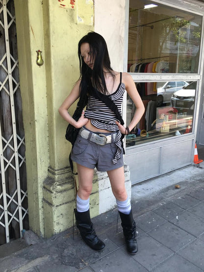 Retro Ribbon Trimmed Black And Gray Striped Knit Camisole Top