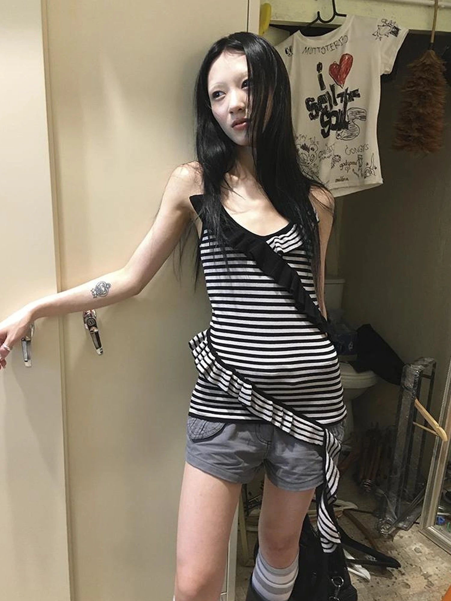 Retro Ribbon Trimmed Black And Gray Striped Knit Camisole Top