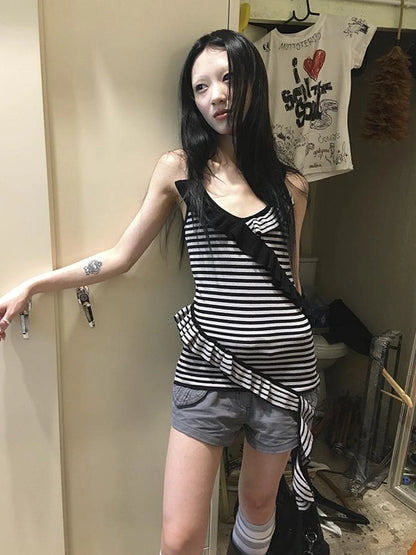 Retro Ribbon Trimmed Black And Gray Striped Knit Camisole Top