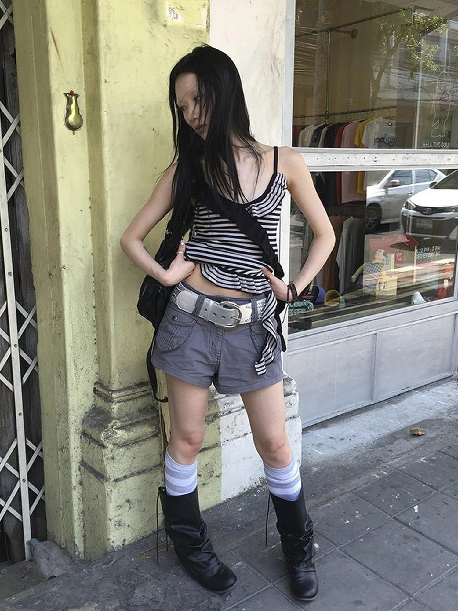 Retro Ribbon Trimmed Black And Gray Striped Knit Camisole Top