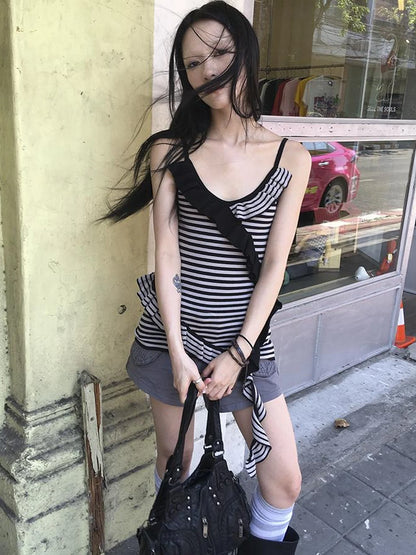 Retro Ribbon Trimmed Black And Gray Striped Knit Camisole Top