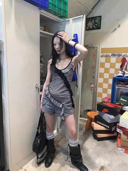 Retro Ribbon Trimmed Black And Gray Striped Knit Camisole Top