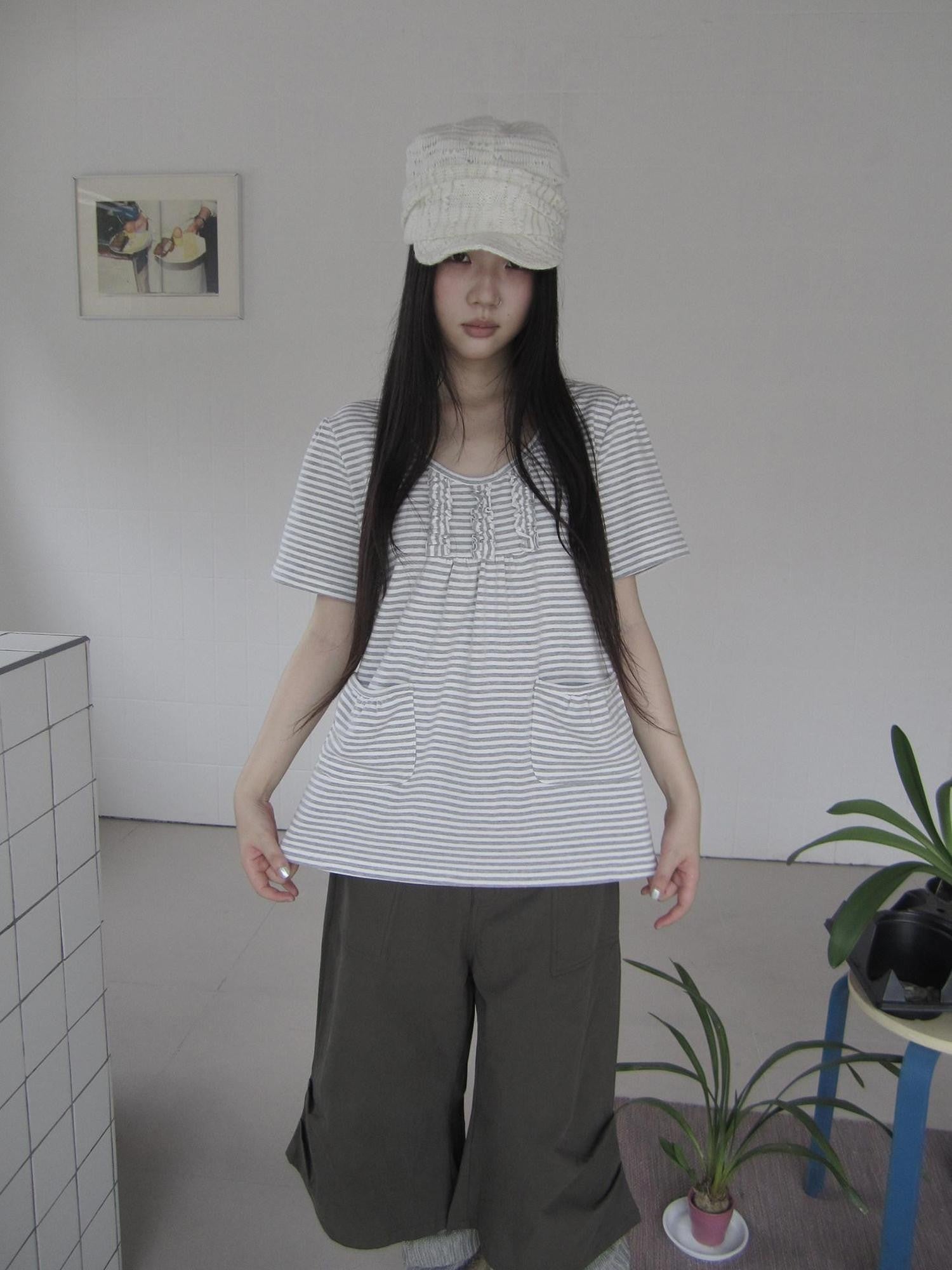 ang project Retro Ruffled Edge Striped Pocket Crew Neck Short Sleeve Women&