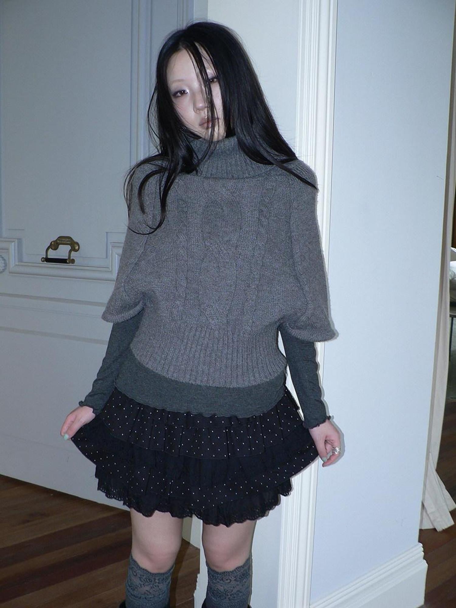 ang project Retro Slouchy Cable Knit High Neck Slimming Waist Cinch Women&