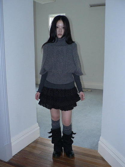 ang project Retro Slouchy Cable Knit High Neck Slimming Waist Cinch Women&