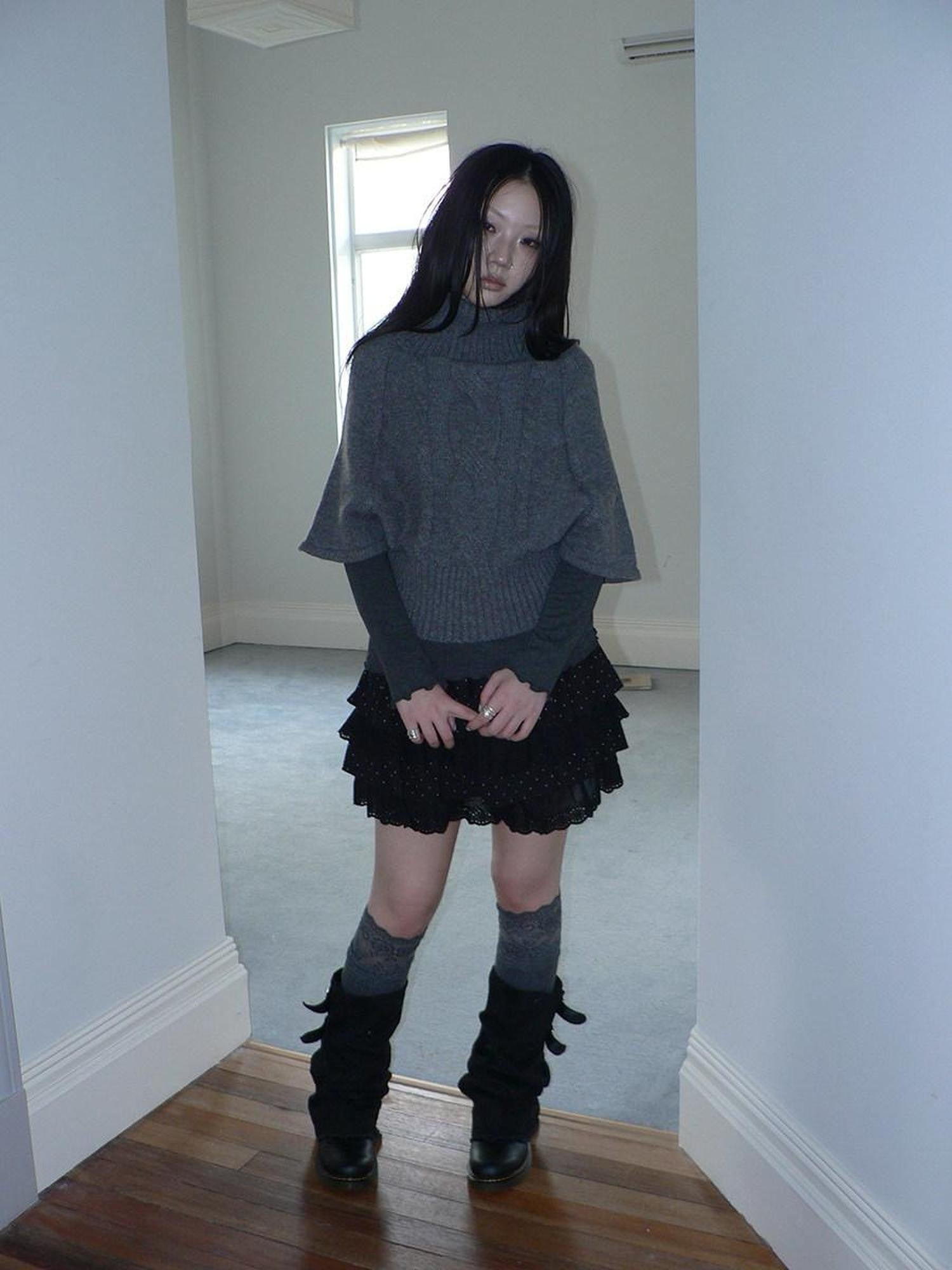 ang project Retro Slouchy Cable Knit High Neck Slimming Waist Cinch Women&