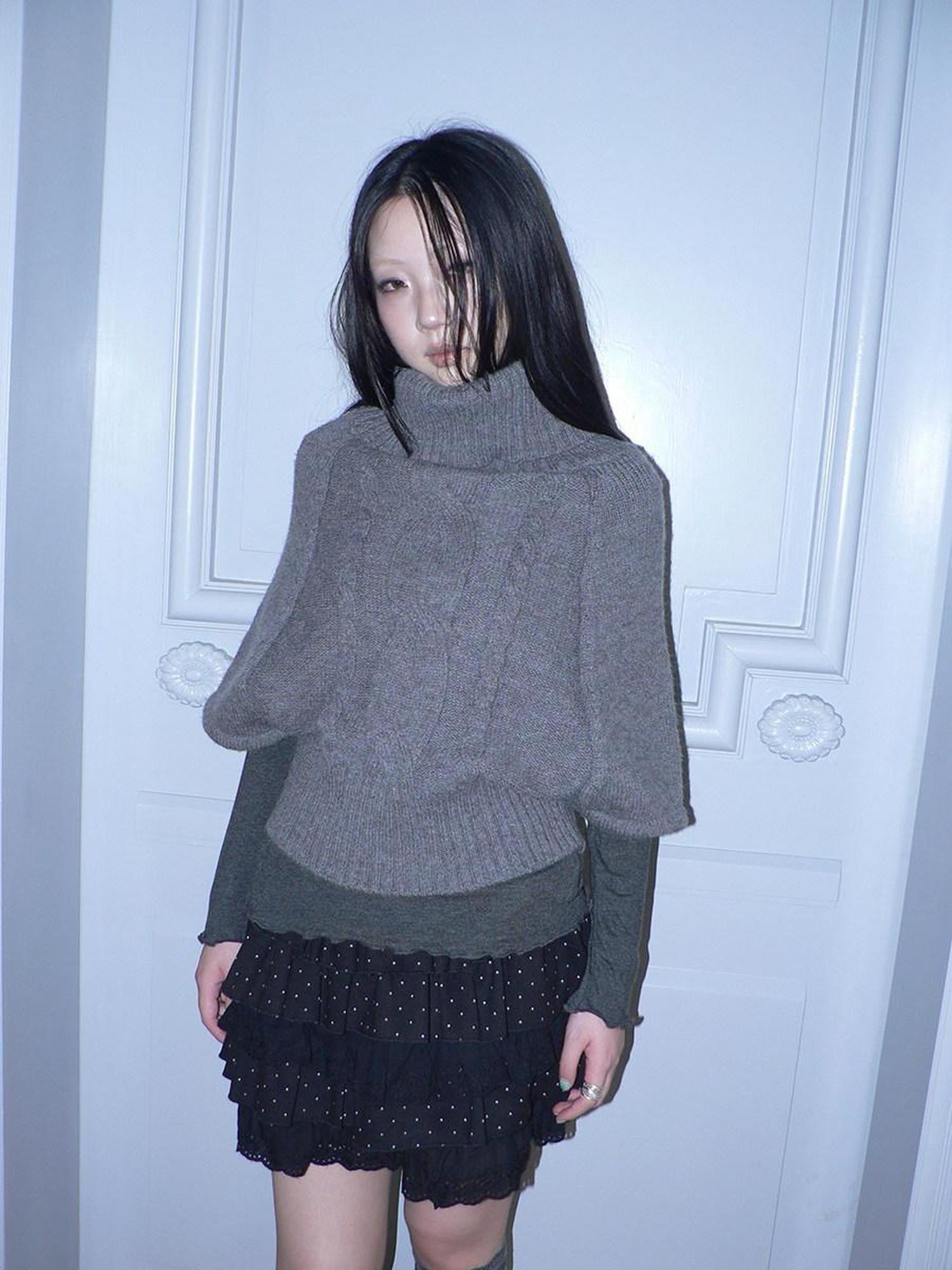 ang project Retro Slouchy Cable Knit High Neck Slimming Waist Cinch Women&