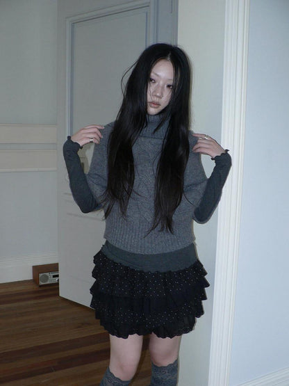 ang project Retro Slouchy Cable Knit High Neck Slimming Waist Cinch Women&