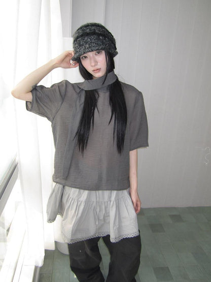 ang project Retro Stand Collar Pullover With Neck Scarf Women&