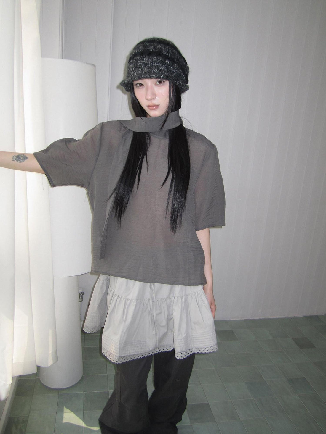 ang project Retro Stand Collar Pullover With Neck Scarf Women&