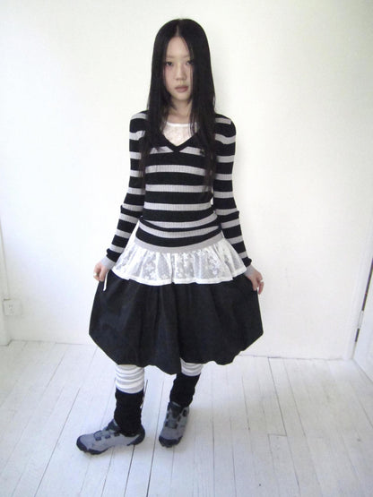 Updateang project Retro Stripe Colorblock V-Neck Slimming Knit Top