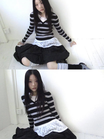 Retro Stripe Colorblock V-Neck Slimming Knit Top