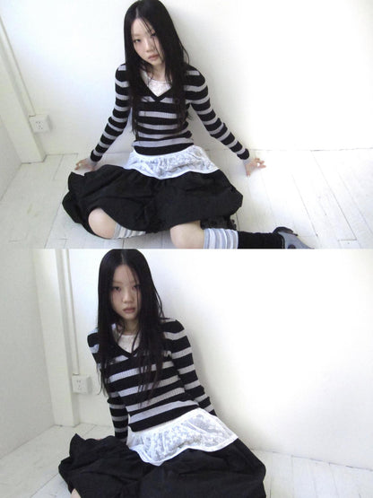 Updateang project Retro Stripe Colorblock V-Neck Slimming Knit Top