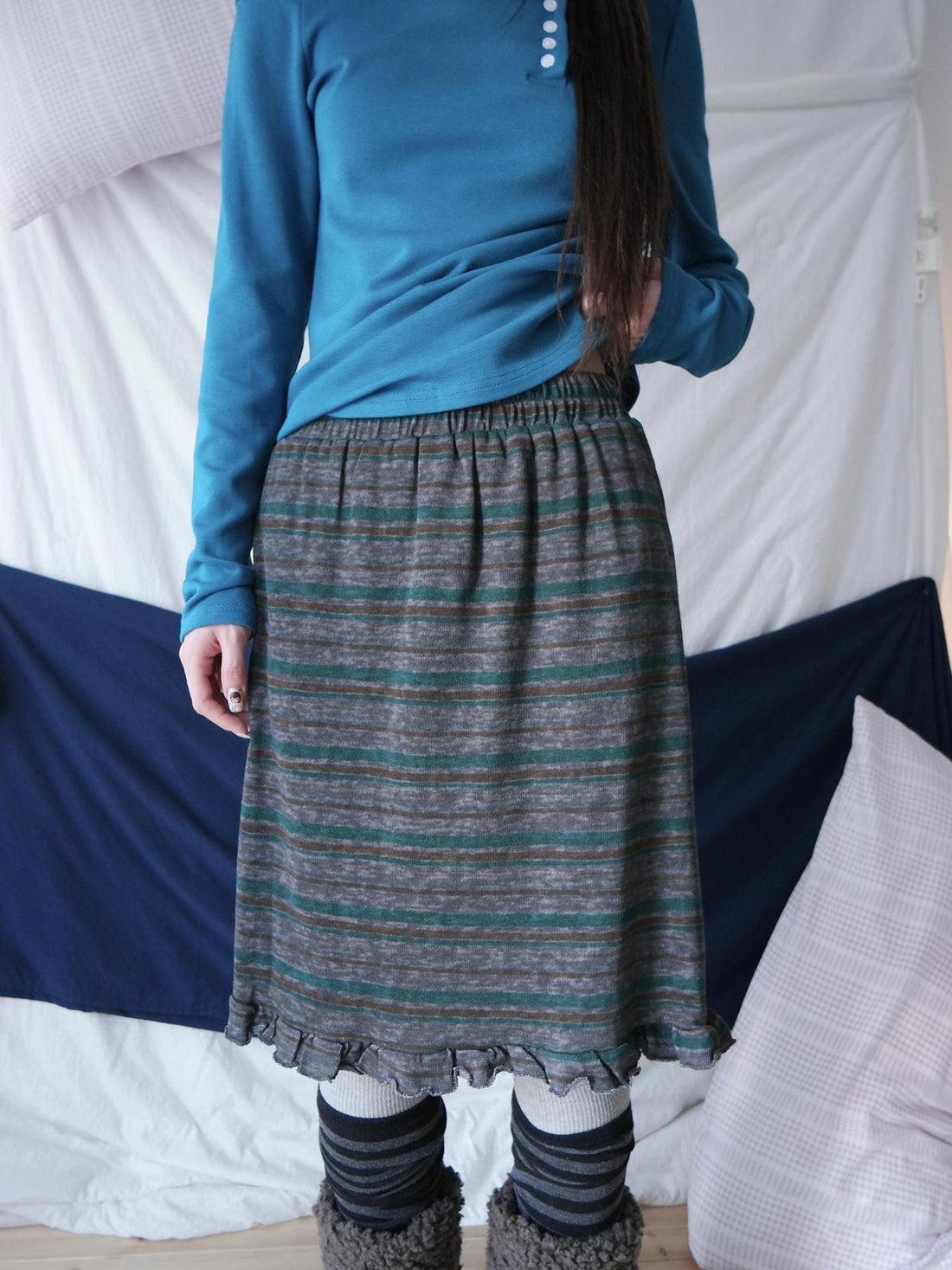 Retro Striped Color Block Ruffle Print Elastic Waist Women&