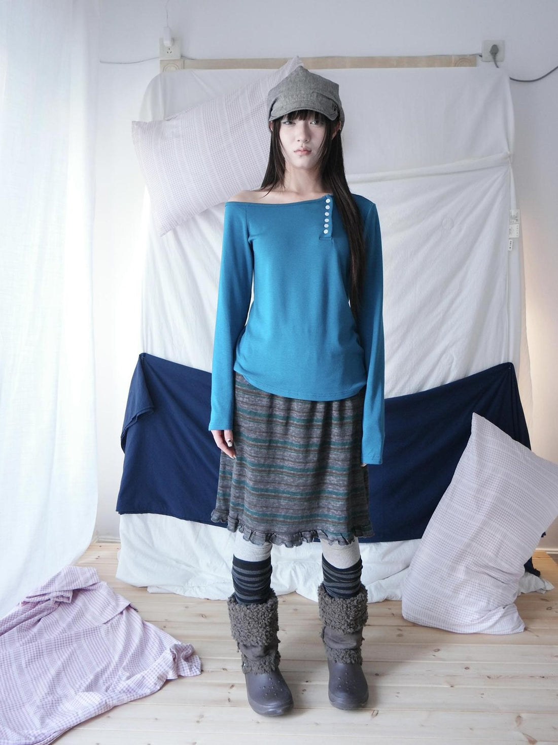 Retro Striped Color Block Ruffle Print Elastic Waist Women&