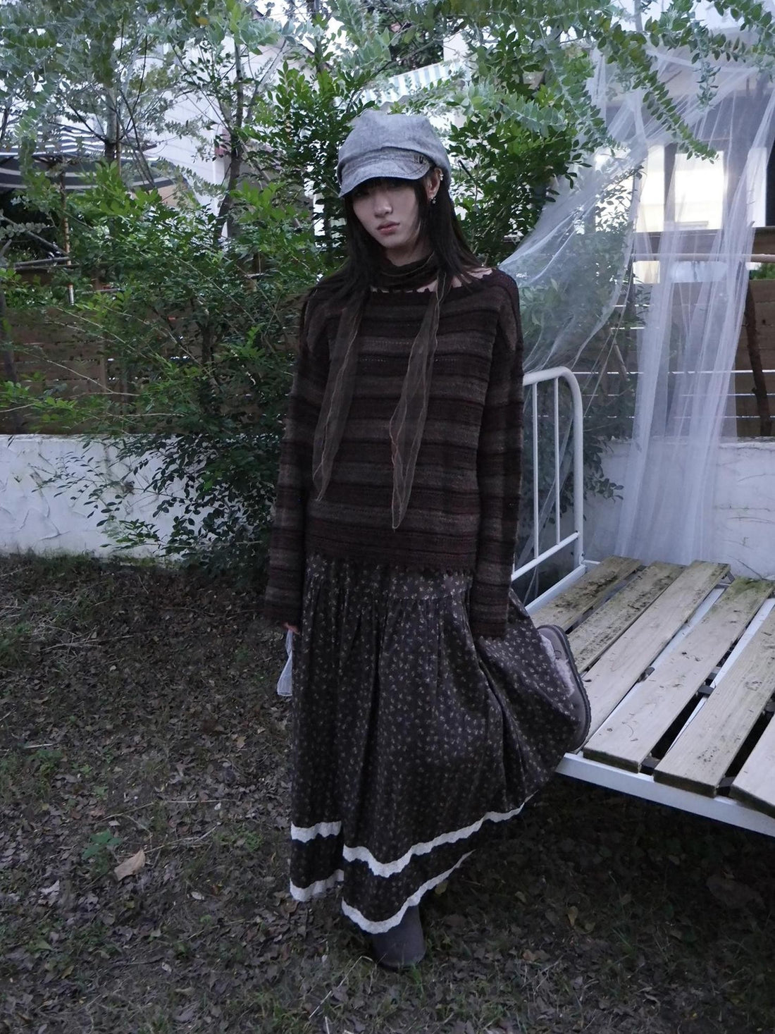 ang project Retro Striped Hollow Out Long Sleeve Women&