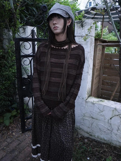 ang project Retro Striped Hollow Out Long Sleeve Women&