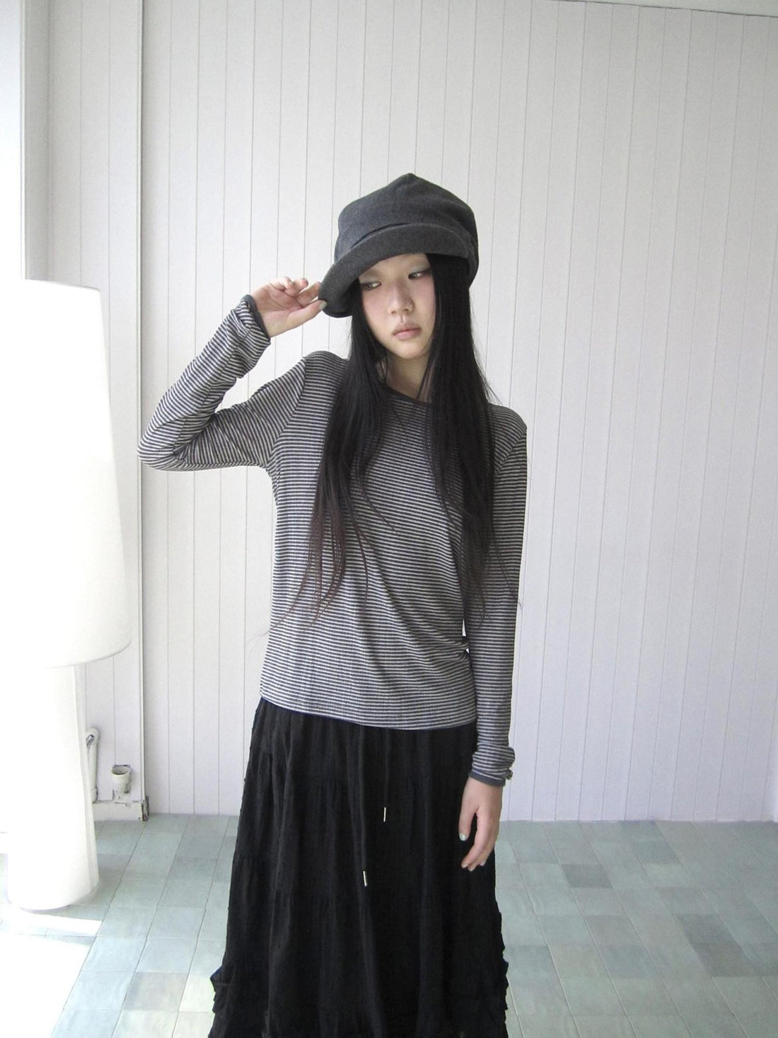 ang project Retro Striped Round Neck Slim Cropped Long Sleeve Women&