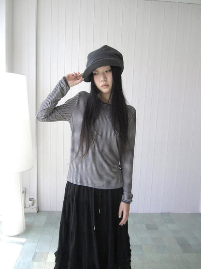 ang project Retro Striped Round Neck Slim Cropped Long Sleeve Women&
