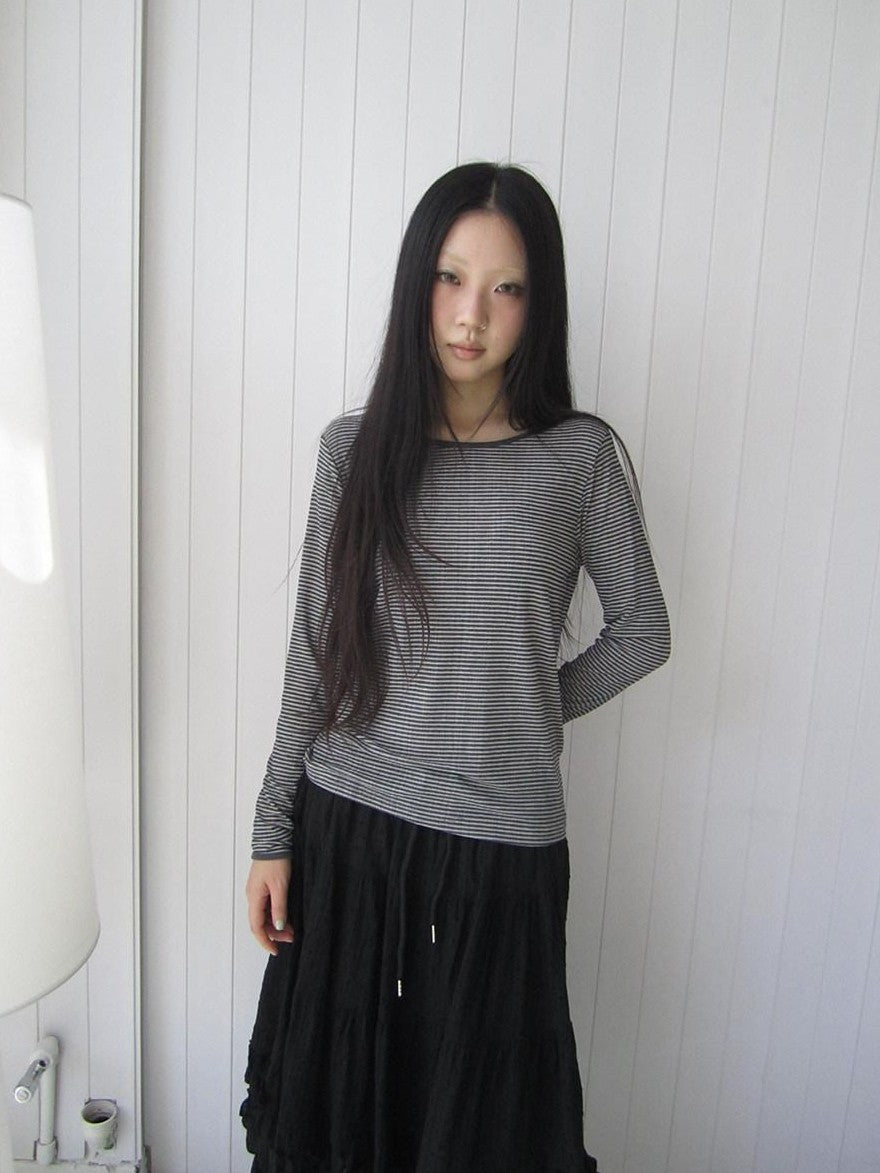 ang project Retro Striped Round Neck Slim Cropped Long Sleeve Women&