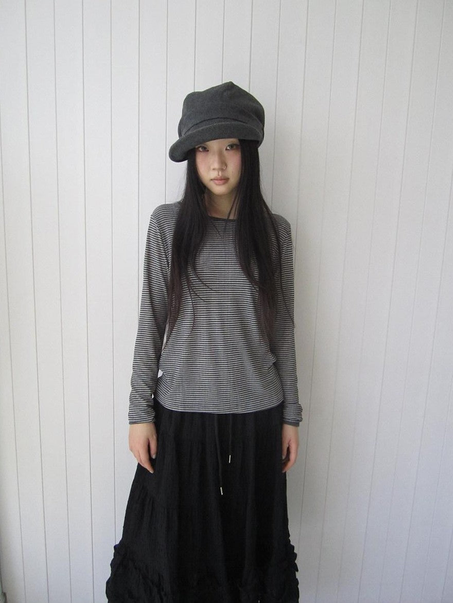 ang project Retro Striped Round Neck Slim Cropped Long Sleeve Women&