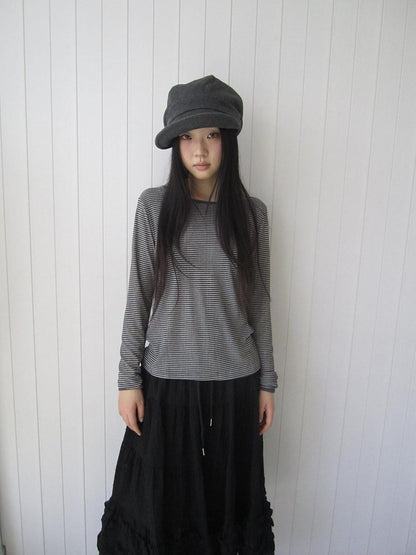 ang project Retro Striped Round Neck Slim Cropped Long Sleeve Women&