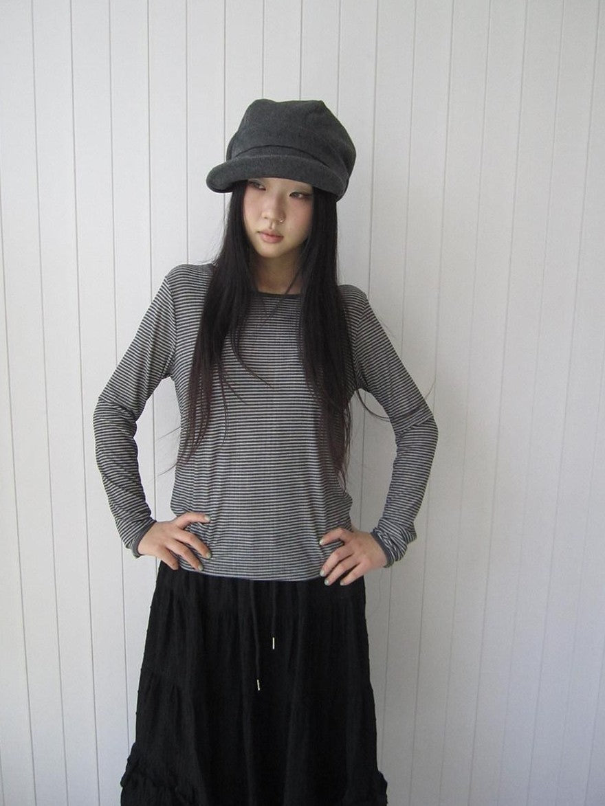 ang project Retro Striped Round Neck Slim Cropped Long Sleeve Women&