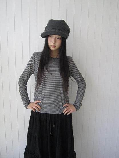 ang project Retro Striped Round Neck Slim Cropped Long Sleeve Women&