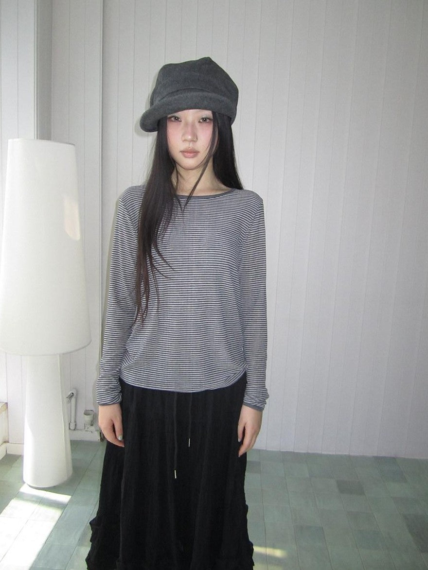 ang project Retro Striped Round Neck Slim Cropped Long Sleeve Women&
