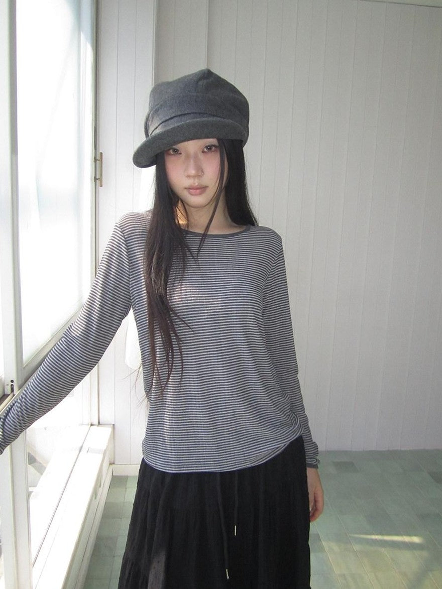 ang project Retro Striped Round Neck Slim Cropped Long Sleeve Women&