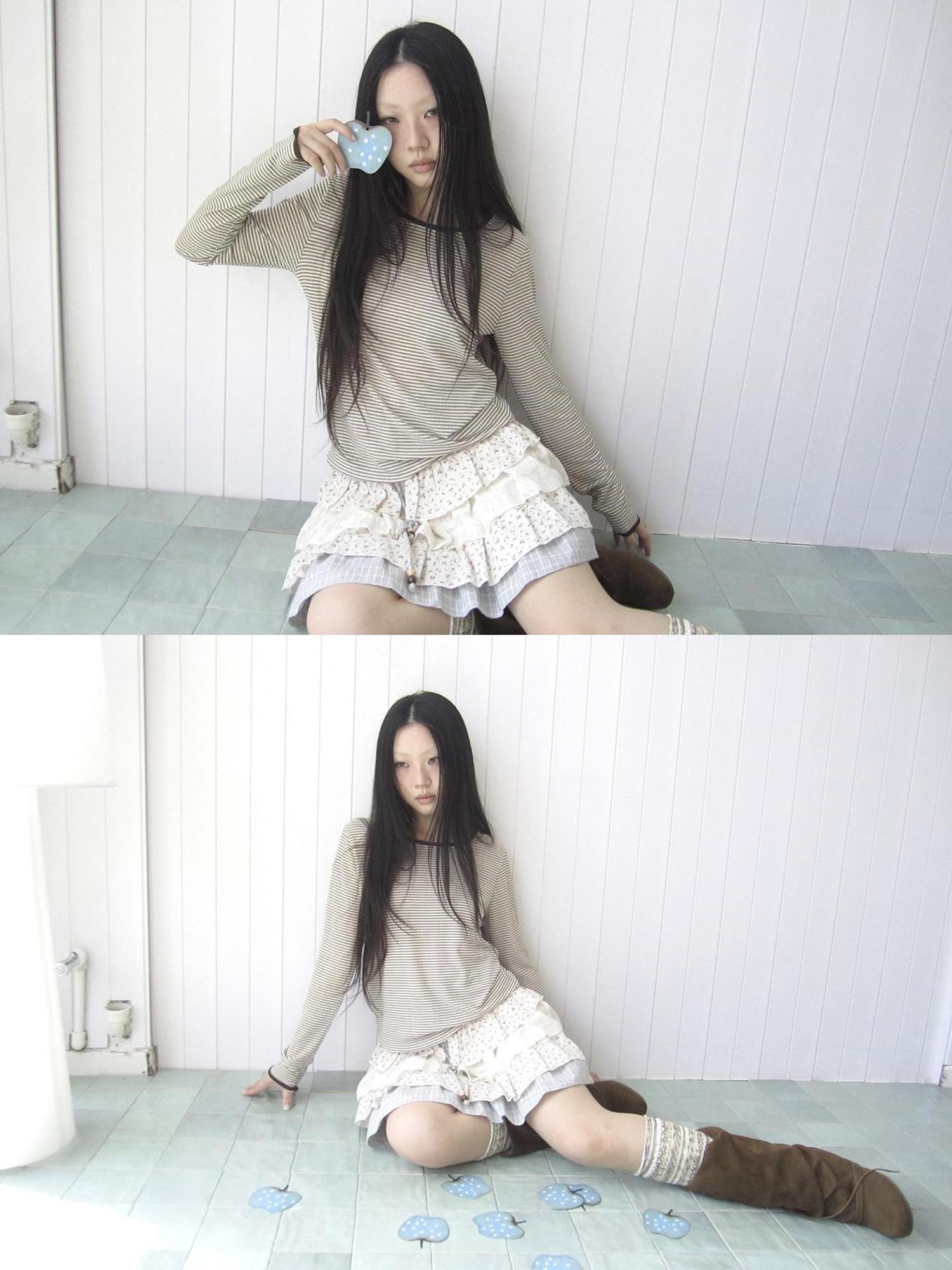 ang project Retro Striped Round Neck Slim Cropped Long Sleeve Women&