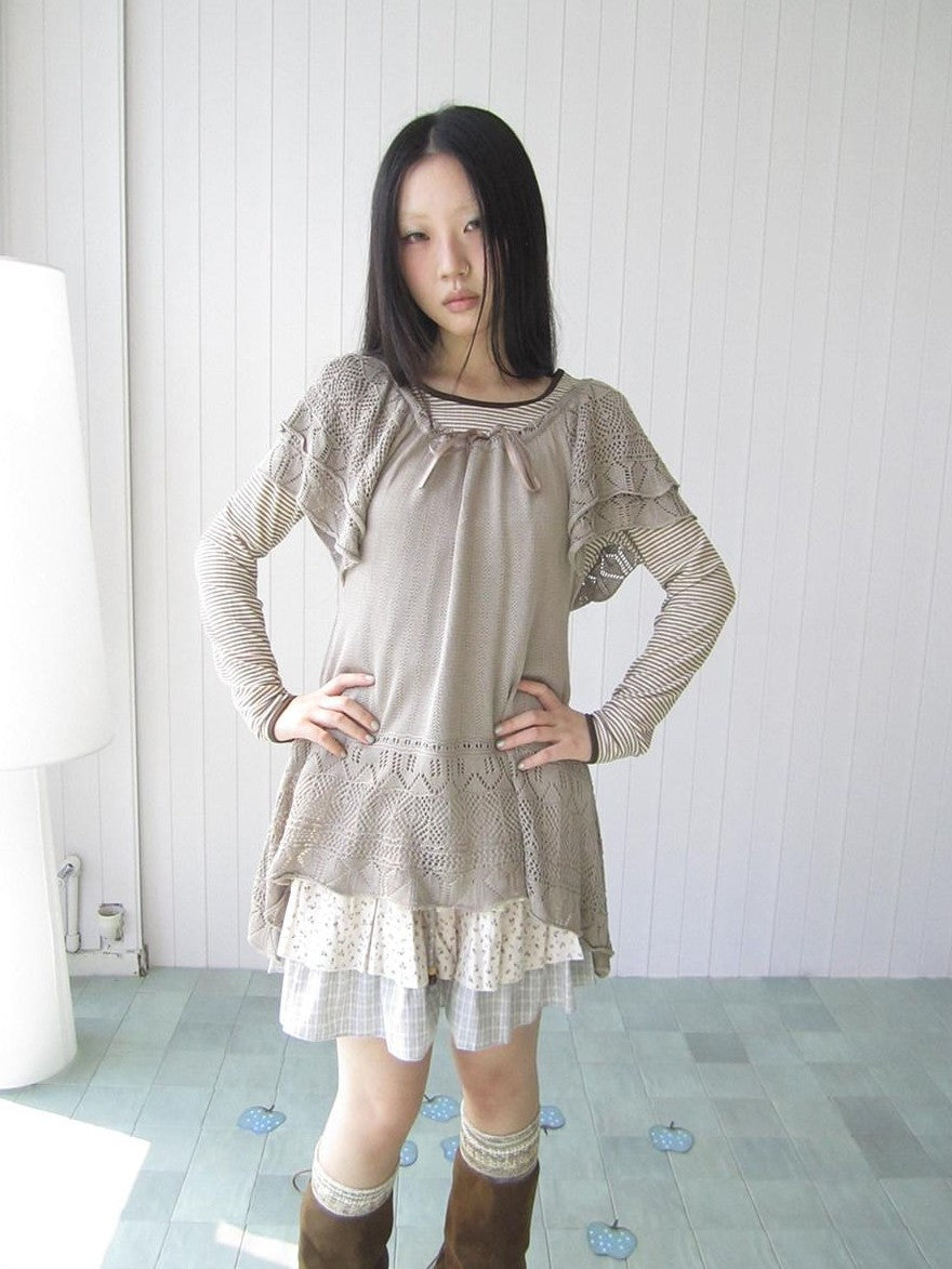 ang project Retro Striped Round Neck Slim Cropped Long Sleeve Women&