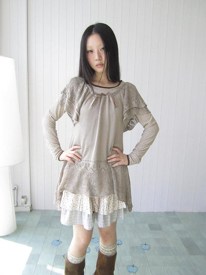 ang project Retro Striped Round Neck Slim Cropped Long Sleeve Women&