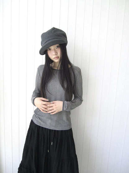 ang project Retro Striped Round Neck Slim Cropped Long Sleeve Women&