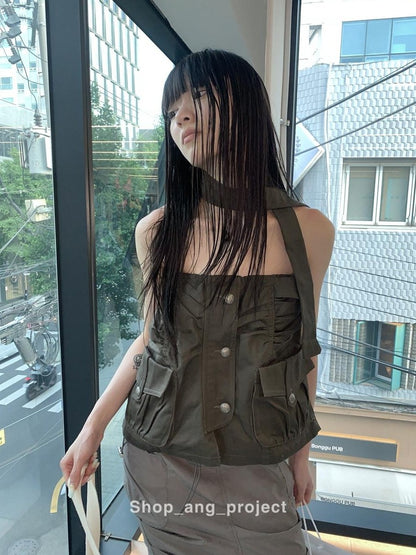 ang project Retro Structured Pocket Exposed Stitch Utility Slimming Women&