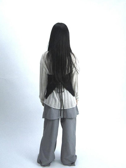Updateang project Retro V-Neck Double Layer Knit Crossover Bodysuit With Lace Up