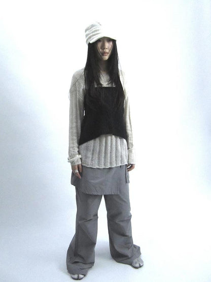 Updateang project Retro V-Neck Double Layer Knit Crossover Bodysuit With Lace Up