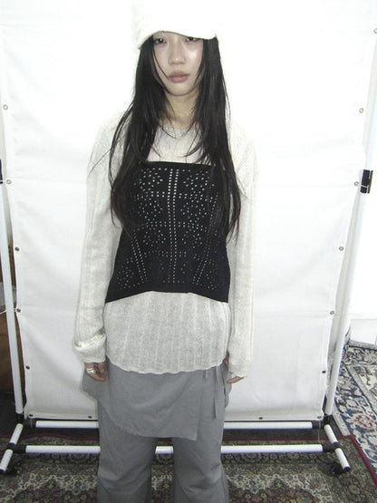 Updateang project Retro V-Neck Double Layer Knit Crossover Bodysuit With Lace Up