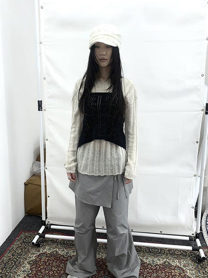 Updateang project Retro V-Neck Double Layer Knit Crossover Bodysuit With Lace Up