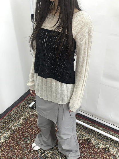 Updateang project Retro V-Neck Double Layer Knit Crossover Bodysuit With Lace Up