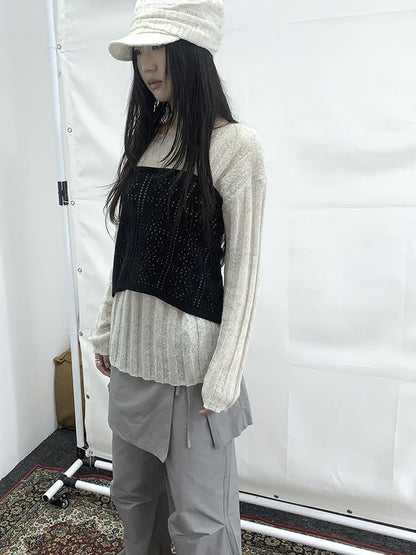 Updateang project Retro V-Neck Double Layer Knit Crossover Bodysuit With Lace Up