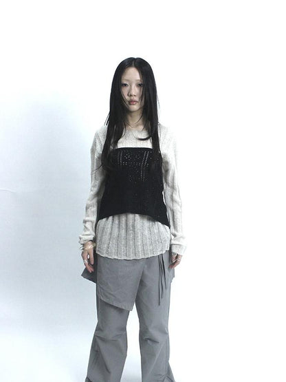 Updateang project Retro V-Neck Double Layer Knit Crossover Bodysuit With Lace Up