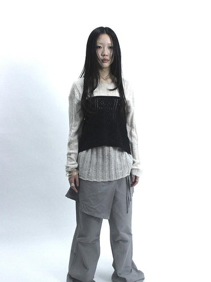 Updateang project Retro V-Neck Double Layer Knit Crossover Bodysuit With Lace Up