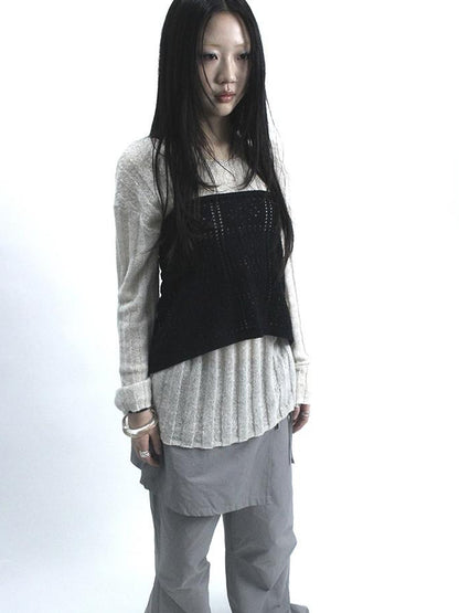 Updateang project Retro V-Neck Double Layer Knit Crossover Bodysuit With Lace Up