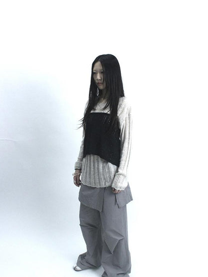 Updateang project Retro V-Neck Double Layer Knit Crossover Bodysuit With Lace Up