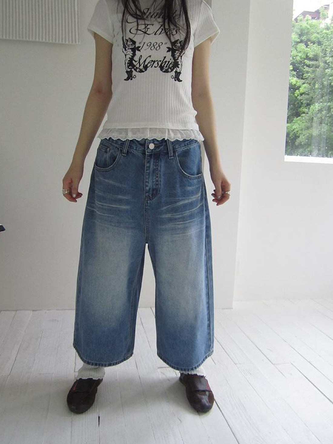 ang project Retro Washed Vintage Wide Leg Cropped Jeans