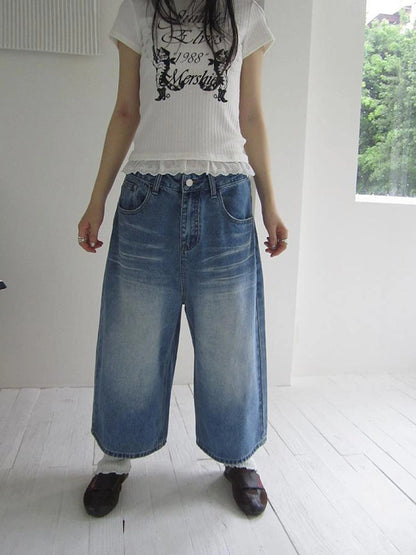 Retro Washed Vintage Wide Leg Cropped Jeans