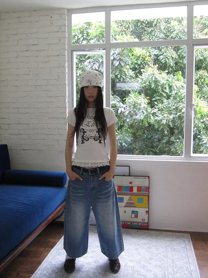 ang project Retro Washed Vintage Wide Leg Cropped Jeans