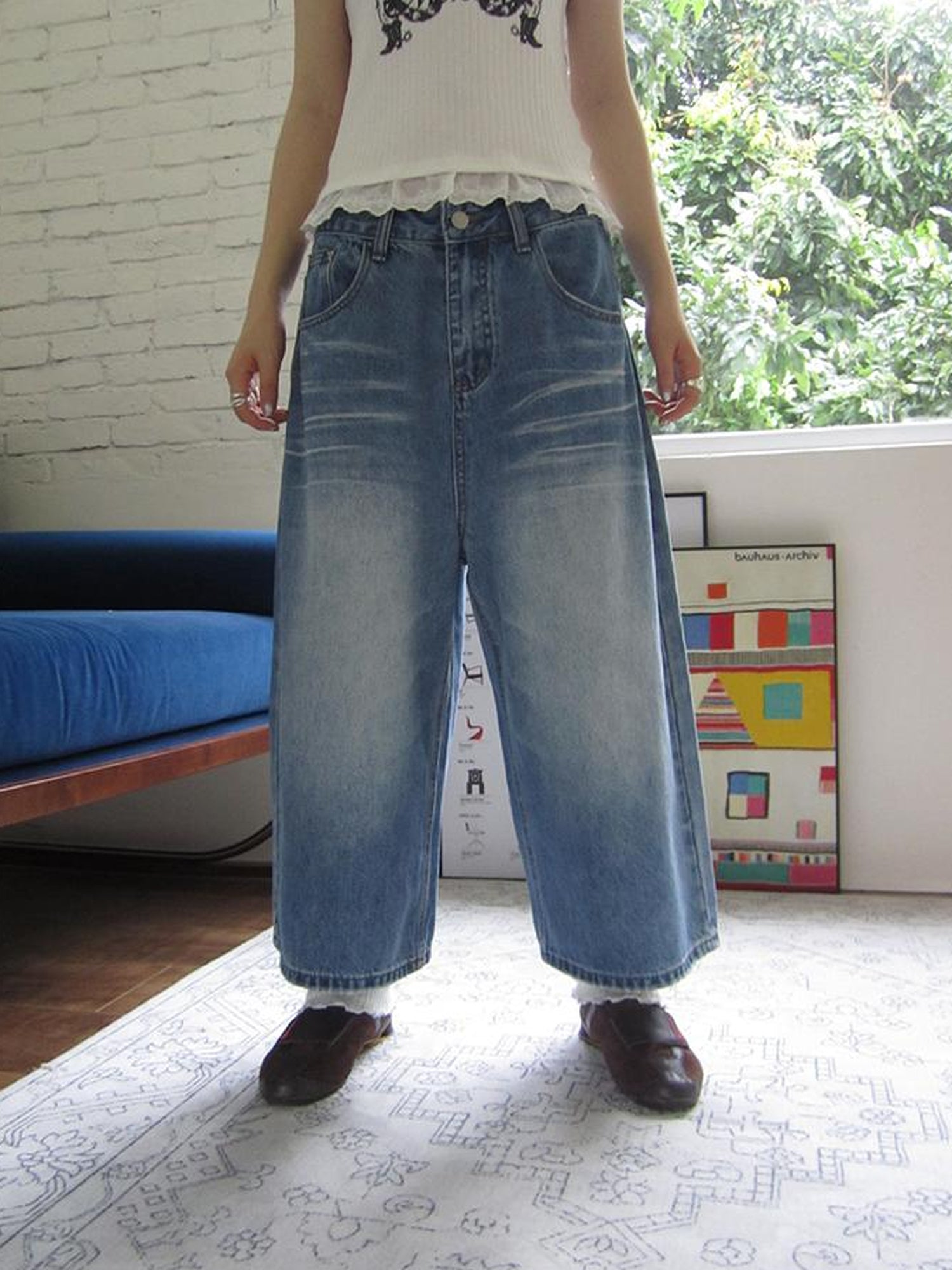 ang project Retro Washed Vintage Wide Leg Cropped Jeans